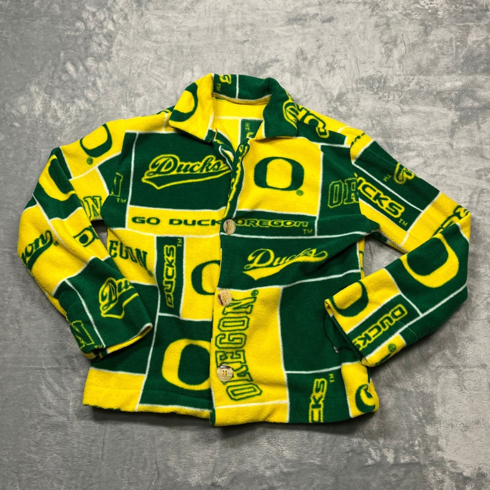 Oregon Ducks Hand Made Fleece Jacket Kids Size L Green Yellow Button Up Unisex